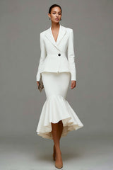 Ivory Satin Notched Lapel 2 Piece Midi Business Suits with Ruffles