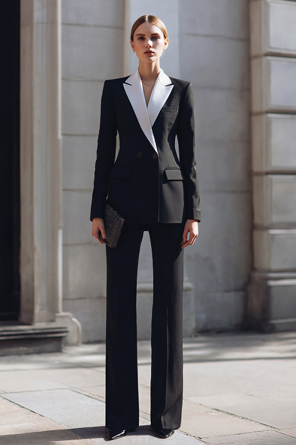 Black 2 Piece Notched Lapel Double Breasted Business Suits with Sleeves