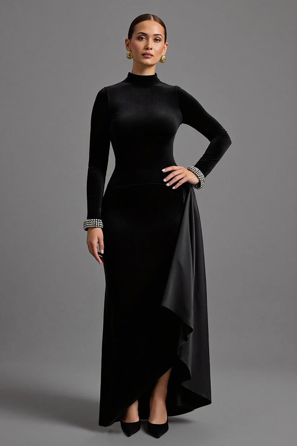 Black High Neck Velvet Long Holiday Party Dress with Sleeves