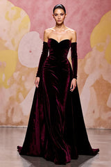 Dark Red Velvet Off the Shoulder A Line Long Evening Dress with Sleeves