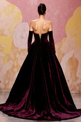 Dark Red Velvet Off the Shoulder A Line Long Evening Dress with Sleeves
