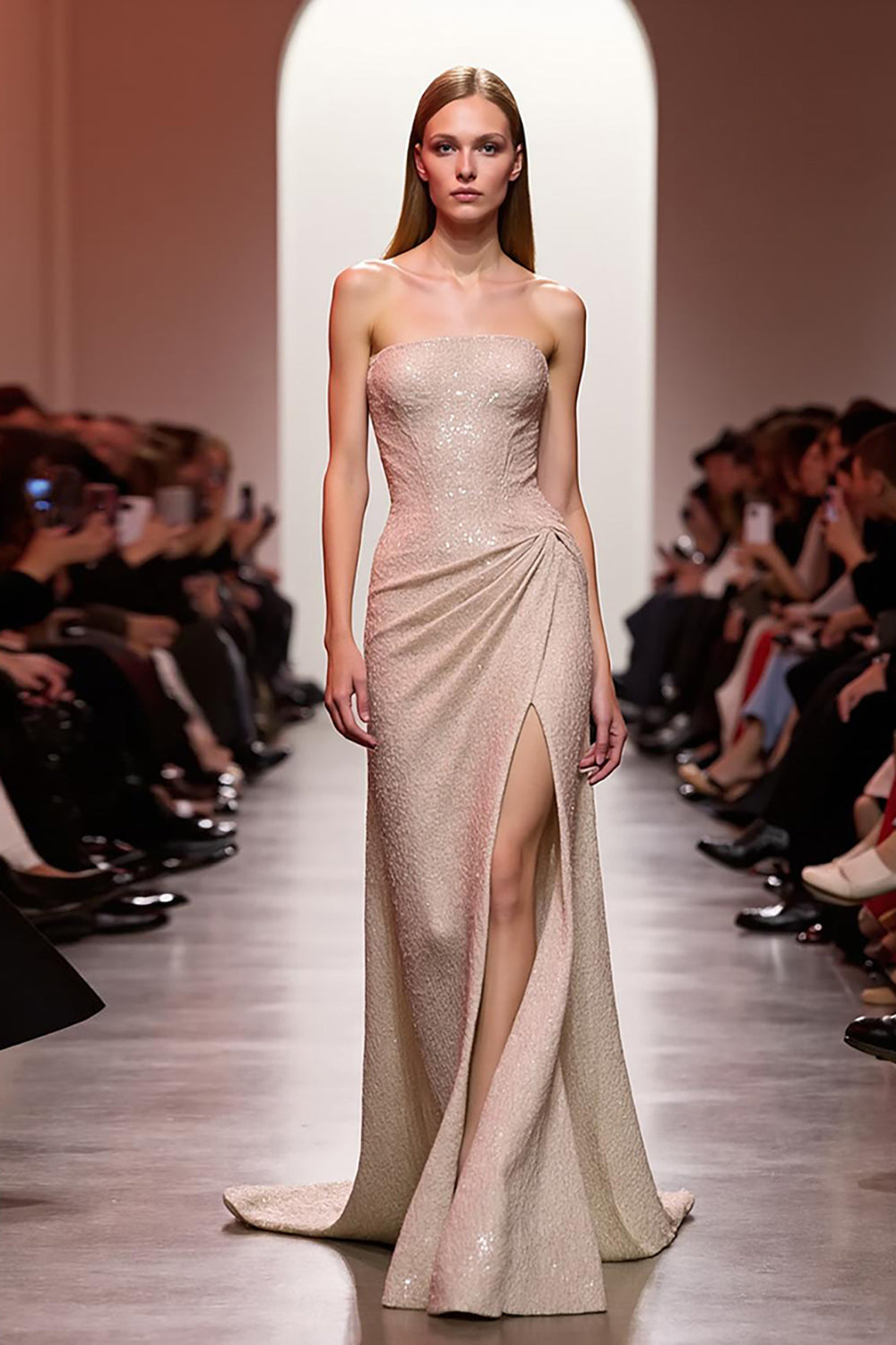 Sparkly Champagne Strapless Sequin Long Evening Dress with Slit