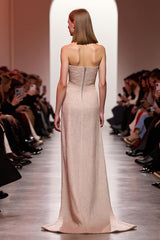 Sparkly Champagne Strapless Sequin Long Evening Dress with Slit