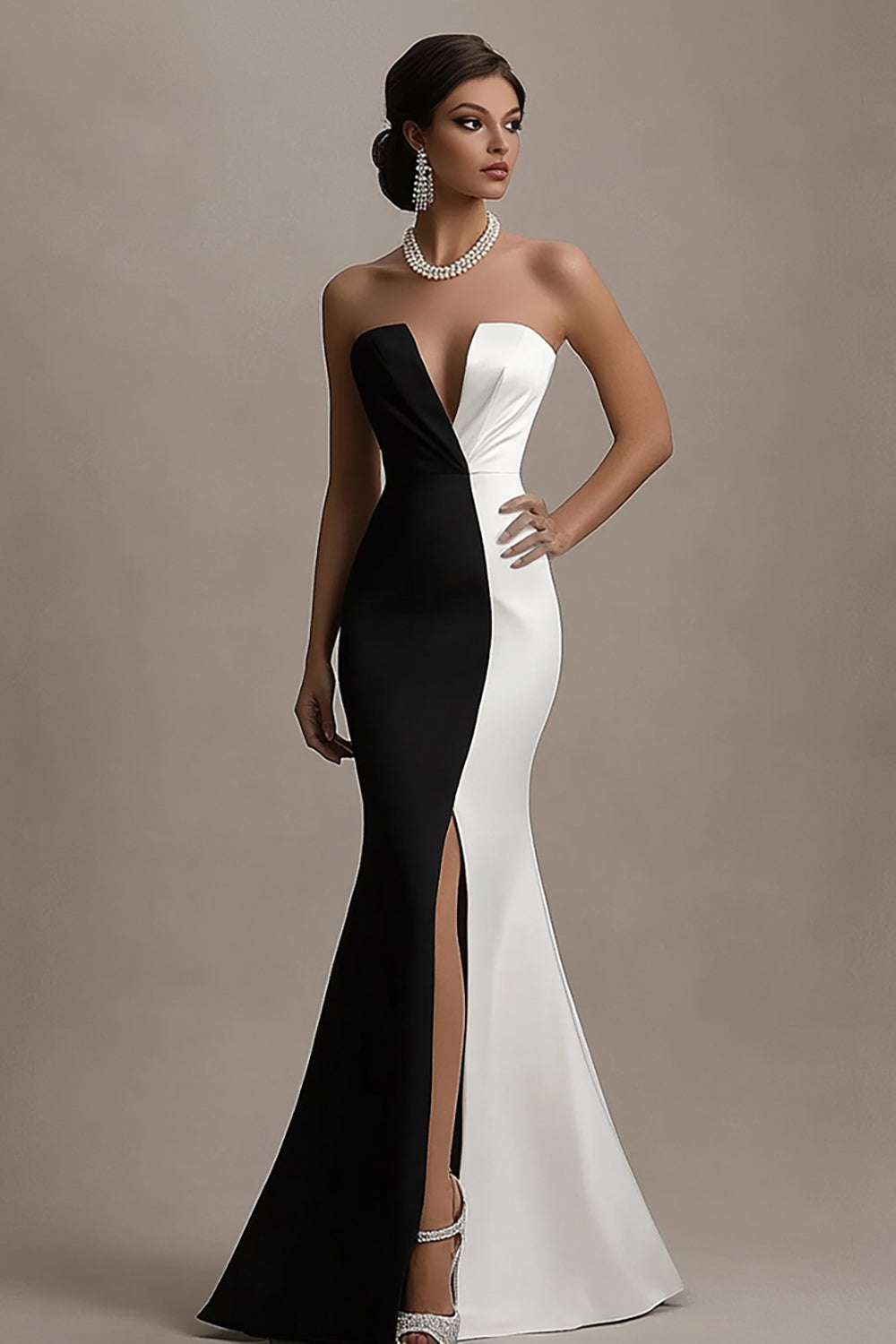Black and White Mermaid Satin Strapless Elegant Long Evening Dress with Slit