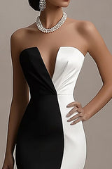 Black and White Mermaid Satin Strapless Elegant Long Evening Dress with Slit