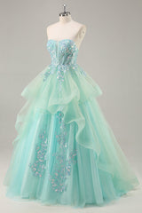 Sparkly Green Corset Strapless Long Prom Dress with Ruffles