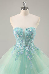 Sparkly Green Corset Strapless Long Prom Dress with Ruffles