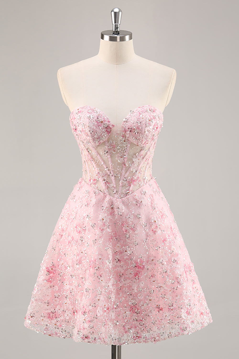 Sparkly Pink Corset Floral Sweetheart Short Homecoming Dress with Sequins