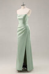 Sage Green Satin Strapless Ruched Long Bridesmaid Dress with Slit