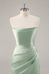 Sage Green Satin Strapless Ruched Long Bridesmaid Dress with Slit