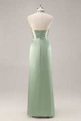 Sage Green Halter Mermaid Satin Long Bridesmaid Dress with Slit