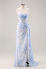 Blue Corset Floral Long Ruched Bridesmaid Dress with Slit