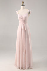 Candy Pink Chiffon Ruched Long Bridesmaid Dress with Slit