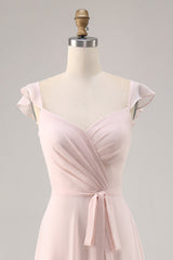 Candy Pink Chiffon Ruched Long Bridesmaid Dress with Slit