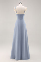 Dusty Blue Ruffled Chiffon A Line Long Bridesmaid Dress with Slit