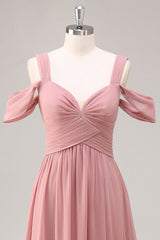 Dusty Rose Cold Shoulder Chiffon Long Bridesmaid Dress with Slit