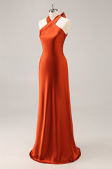 Rust Halter Satin Mermaid Long Bridesmaid Dress with Bow
