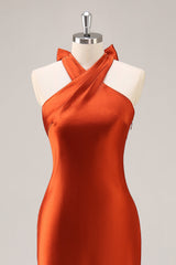 Rust Halter Satin Mermaid Long Bridesmaid Dress with Bow