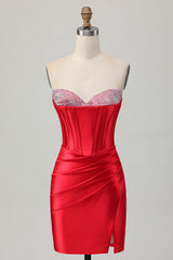 Sparkly Red Corset Satin Short Beaded Homecoming Dress with Slit