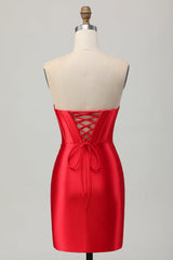 Sparkly Red Corset Satin Short Beaded Homecoming Dress with Slit