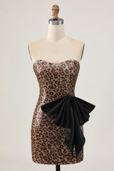 Sparkly Brown Leopard Sequins Short Tight Homecoming Dress with Bow