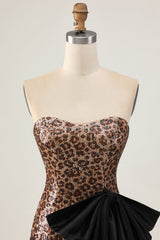 Sparkly Brown Leopard Sequins Short Tight Homecoming Dress with Bow