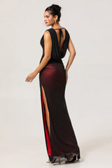 Black Red V-Neck Backless Long Bridesmaid Dress with Slit