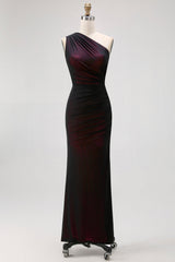 Black Pink Mermaid One Shoulder Long Bridesmaid Dress with Slit