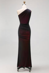 Black Pink Mermaid One Shoulder Long Bridesmaid Dress with Slit