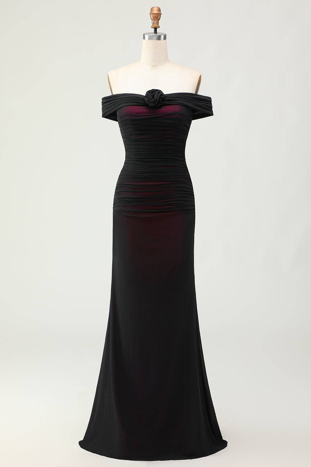 Black Pink Mermaid Off the Shoulder Long Bridesmaid Dress with 3D Flower