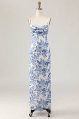 White and Blue Floral Ruched Sheath Long Wedding Guest Dress