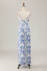 White and Blue Floral Ruched Sheath Long Wedding Guest Dress