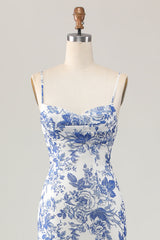 White and Blue Floral Ruched Sheath Long Wedding Guest Dress