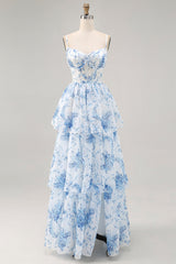 White and Blue Floral Corset Ruffled Long Wedding Guest Dress with Slit