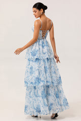 White and Blue Floral Corset Ruffled Long Wedding Guest Dress with Slit