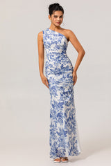 White Blue Floral One Shoulder Long Bridesmaid Dress with Slit