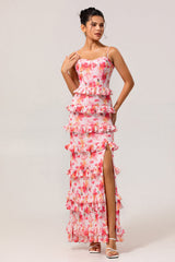 Pink Floral Sheath Ruffled Long Bridesmaid Dress with Slit