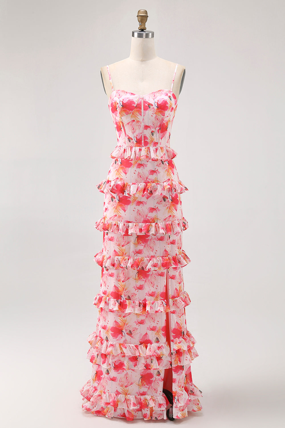Pink Floral Sheath Ruffled Long Bridesmaid Dress with Slit
