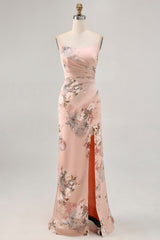 Blush Strapless Floral Long Satin Wedding Guest Dress with Slit