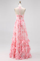 Sparkly Blush Corset Floral Ruffled Pearls Long Bridesmaid Dress with Slit