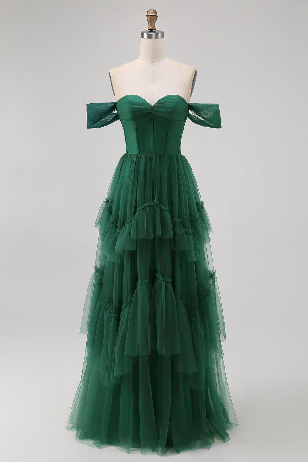 Dark Green Tulle A-Line Tiered Long Corset Wedding Guest Dress