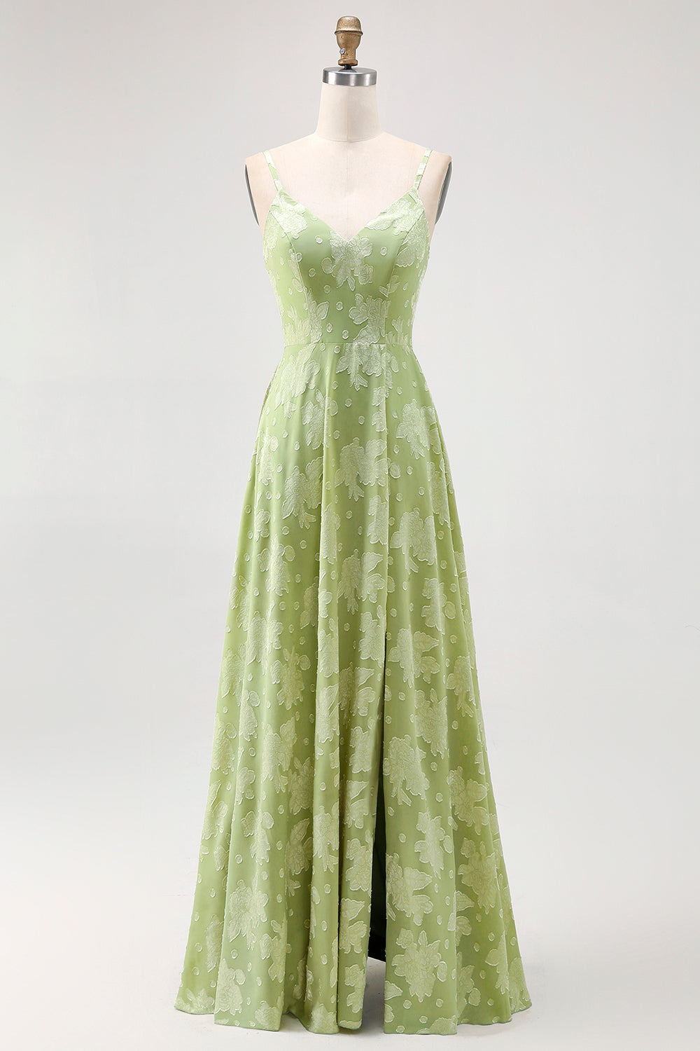 Sage Green Floral A-Line Spaghetti Straps Long Wedding Guest Dress