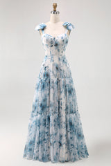 Blue A Line Floral Chiffon Long Bridesmaid Dress with Bows