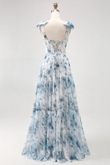 Blue A Line Floral Chiffon Long Bridesmaid Dress