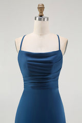 Dark Blue Satin Spaghetti Straps Long Bridesmaid Dress