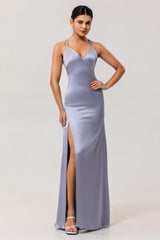 Simple Dusty Blue V-Neck Satin Long Bridesmaid Dress with Slit