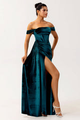 Peacock Green Corset Off the Shoulder Long Velvet Bridesmaid Dress with Slit