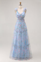 Blue V-Neck Floral A Line Long Bridesmaid Dress with Bow