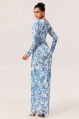 Blue One Shoulder Floral Satin Long Bridesmaid Dress with Slit