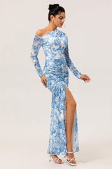 Blue One Shoulder Floral Satin Long Bridesmaid Dress with Slit